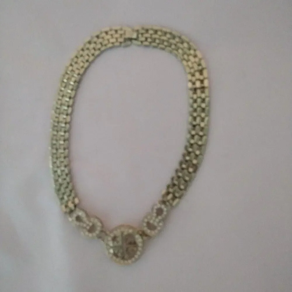 Necklace Gold Tone Rhinestone Cross Medallion Collar Statement Box Clasp Womens